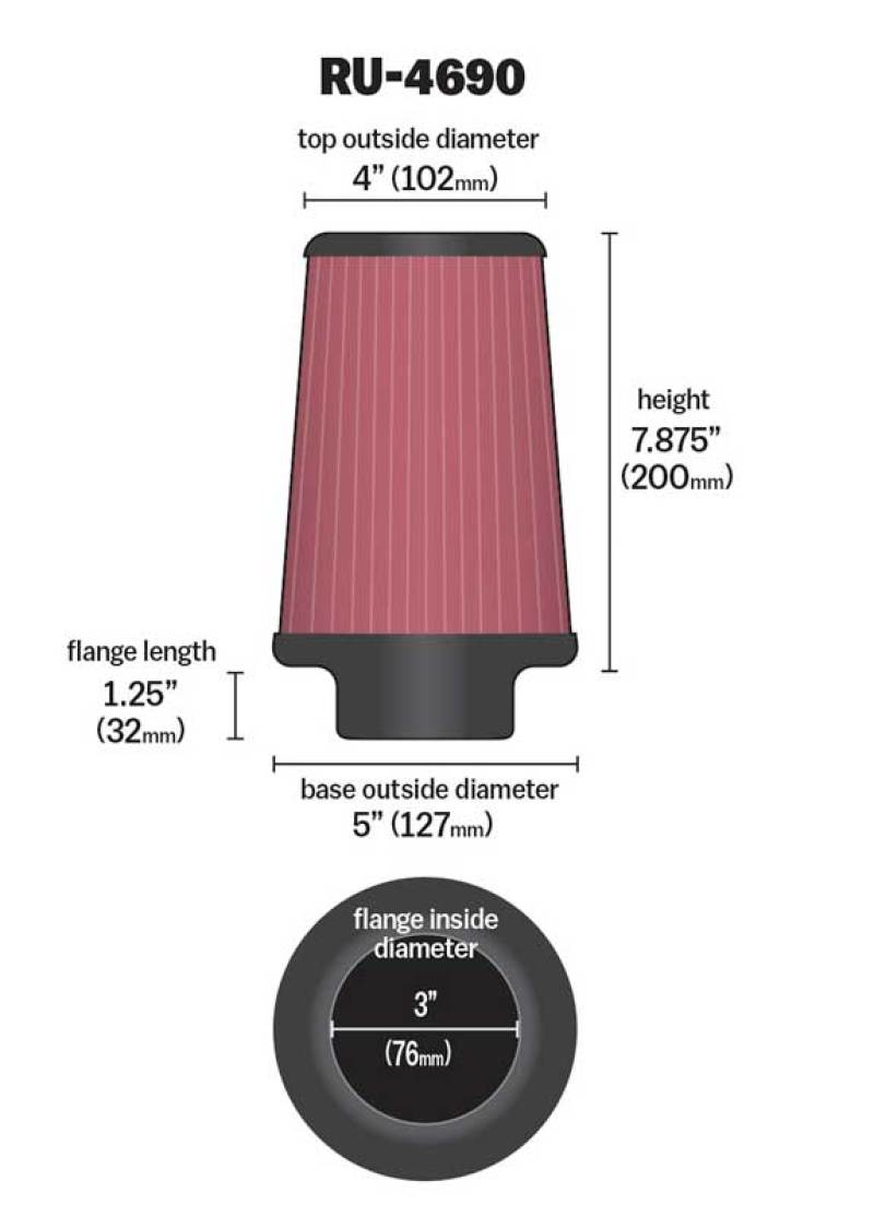 K&N Universal Round Tapered Filter 3 inch FLG / 5 inch Bottom / 4 inch Top / 7 7/8 inch Height K&N Engineering Air Filters - Universal Fit  AXOPROS