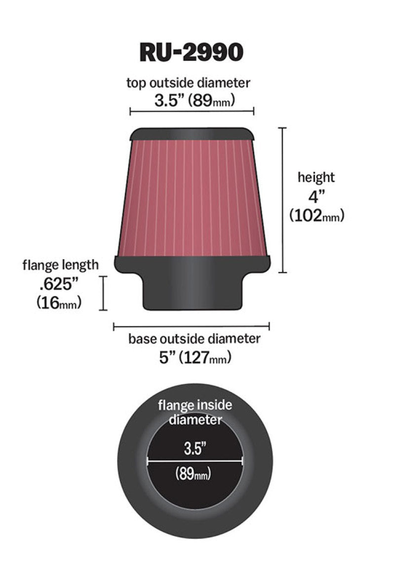 K&N Filter Universal Rubber Filter 3 1/2 inch Flange 5 inch Base 3 1/2 inch Top 4 inch Height K&N Engineering Air Filters - Universal Fit  AXOPROS
