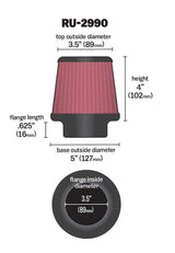K&N Filter Universal Rubber Filter 3 1/2 inch Flange 5 inch Base 3 1/2 inch Top 4 inch Height K&N Engineering Air Filters - Universal Fit  AXOPROS