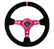 NRG NRG Reinforced Steering Wheel (350mm/ 3in. Deep) Black Suede/ Fushia Center Mark/ Fushia Stitching Steering Wheels aftermarket performance part