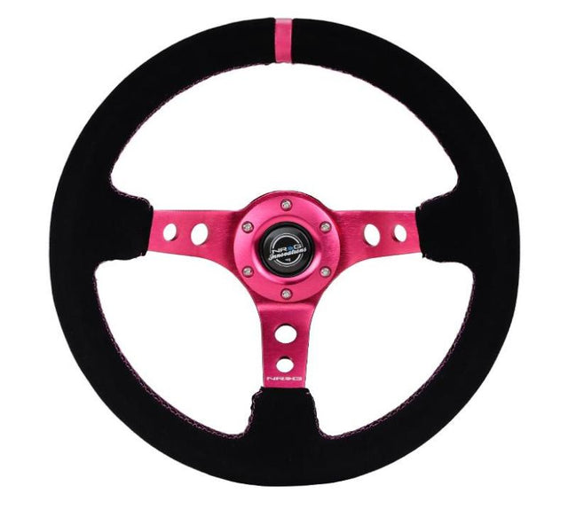 NRG NRG Reinforced Steering Wheel (350mm/ 3in. Deep) Black Suede/ Fushia Center Mark/ Fushia Stitching Steering Wheels aftermarket performance part