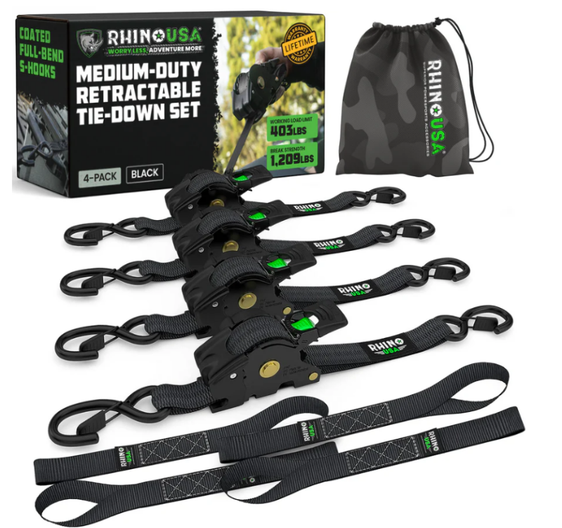 Rhino USA Rhino USA Retractable Ratchet Straps (4Pk 1Inx10Ft) (Black) Tow Straps aftermarket performance part