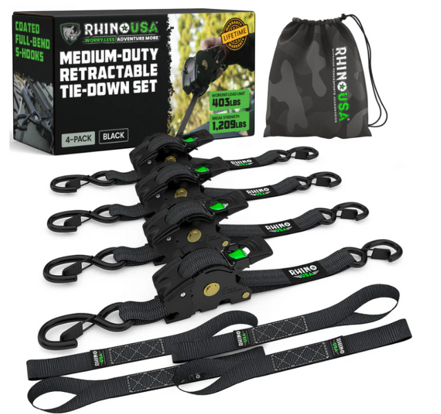 Rhino USA Rhino USA Retractable Ratchet Straps (4Pk 1Inx10Ft) (Black) Tow Straps aftermarket performance part