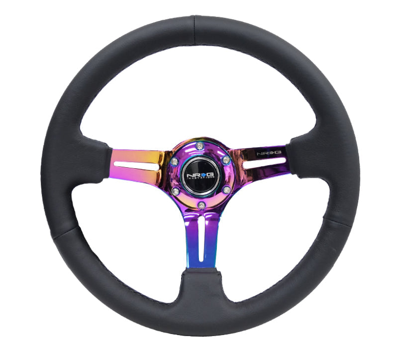 NRG Reinforced Steering Wheel (350mm / 3in. Deep) Blk Leather/Blk Stitch w/Neochrome Slits NRG Steering Wheels  AXOPROS