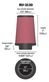 K&N Filter Universal Rubber Filter 3 1/2 inch Flange 4 5/8 inch Base 3 1/2 inch Top 7 inch Height K&N Engineering Air Filters - Universal Fit  AXOPROS