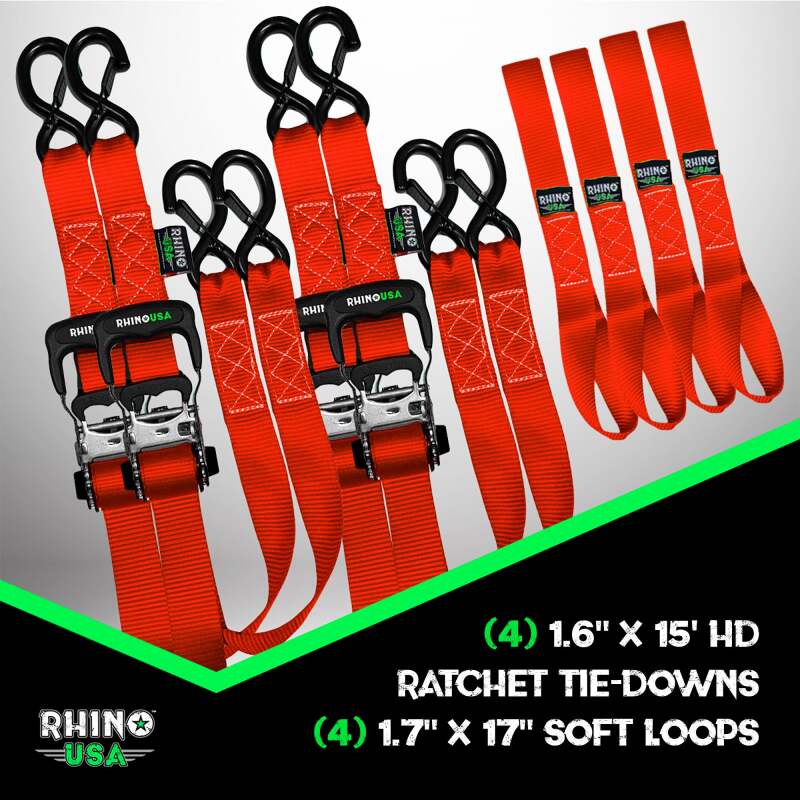 Rhino USA Heavy Duty Ratchet Tie-Down 4-Pack Red 1.6In X 15Ft Rhino USA Cargo Tie-Downs  AXOPROS