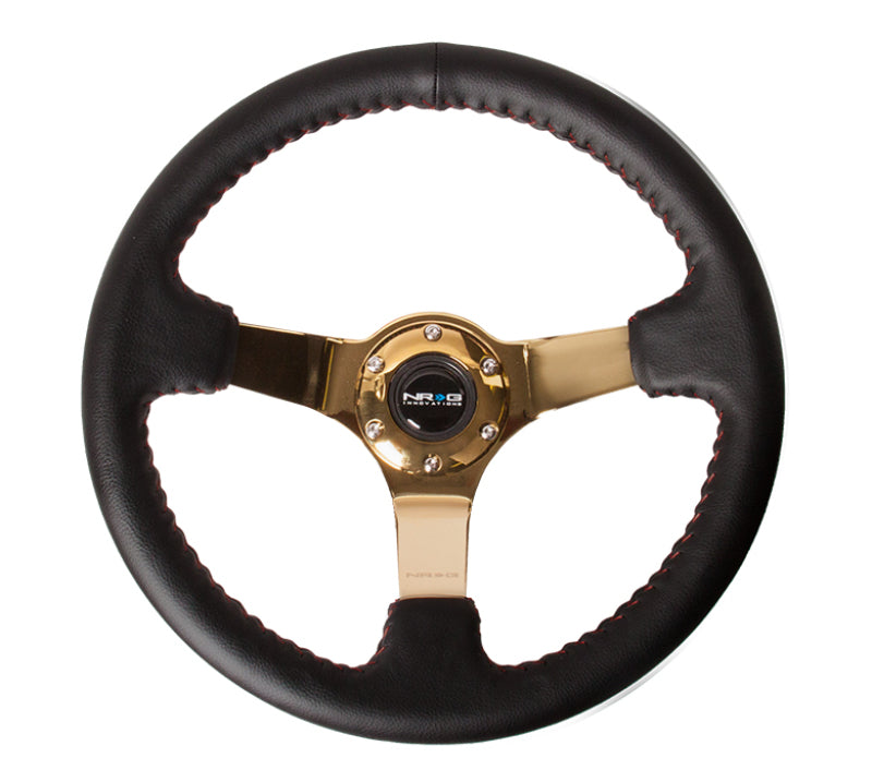 NRG Reinforced Steering Wheel (350mm / 3in. Deep) Blk Leather/Red BBall Stitch w/4mm Gold Spokes NRG Steering Wheels  AXOPROS