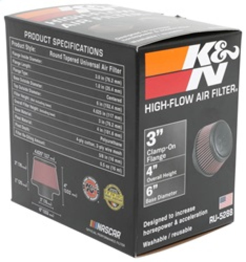 K&N Universal Round Clamp-On Air Filter 3in Flange ID x 6in Base OD x 4.625in Top OD x 3in Height K&N Engineering Air Filters - Universal Fit  AXOPROS
