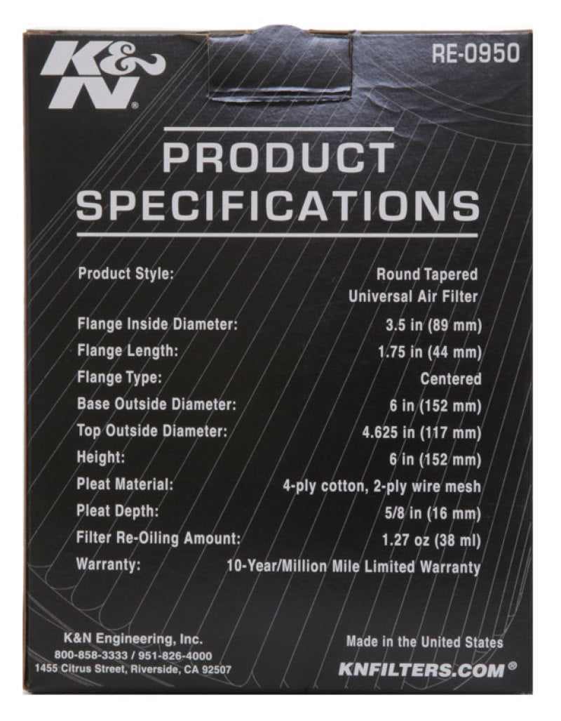 K&N Universal Rubber Filter 3 1/2inch ID FLG / 6inch Base / 4-5/8inch Top / 6inch Height K&N Engineering Air Filters - Universal Fit  AXOPROS