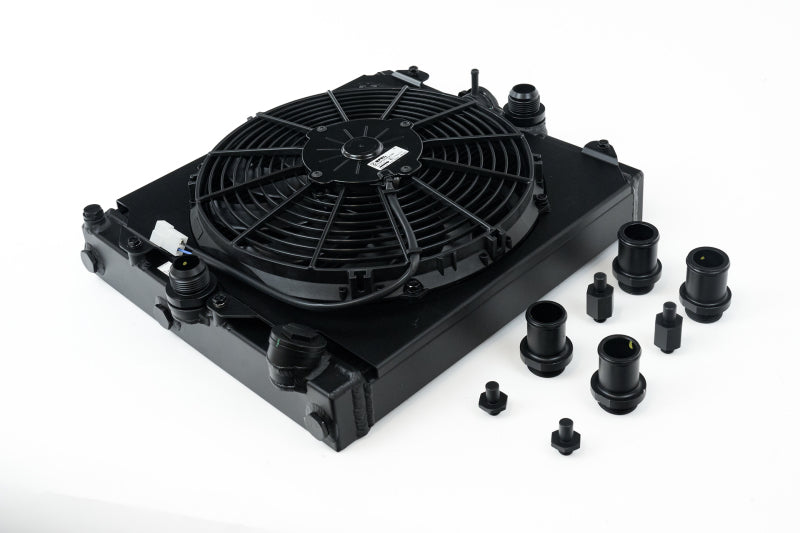 CSF Universal Half Radiator w/-16AN & Slip-On Fittings/12in SPAL Fan & Shroud - Black Finish CSF Radiators  AXOPROS