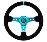 NRG Reinforced Steering Wheel (350mm/ 3in. Deep) Black Suede/ Teal Center Mark/ Teal Stitching NRG Steering Wheels  AXOPROS