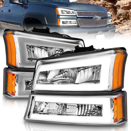 ANZO 2003-2006 Chevrolet Silverado 1500 Crystal Headlights w/ Light Bar Chrome Housing ANZO Headlights  AXOPROS