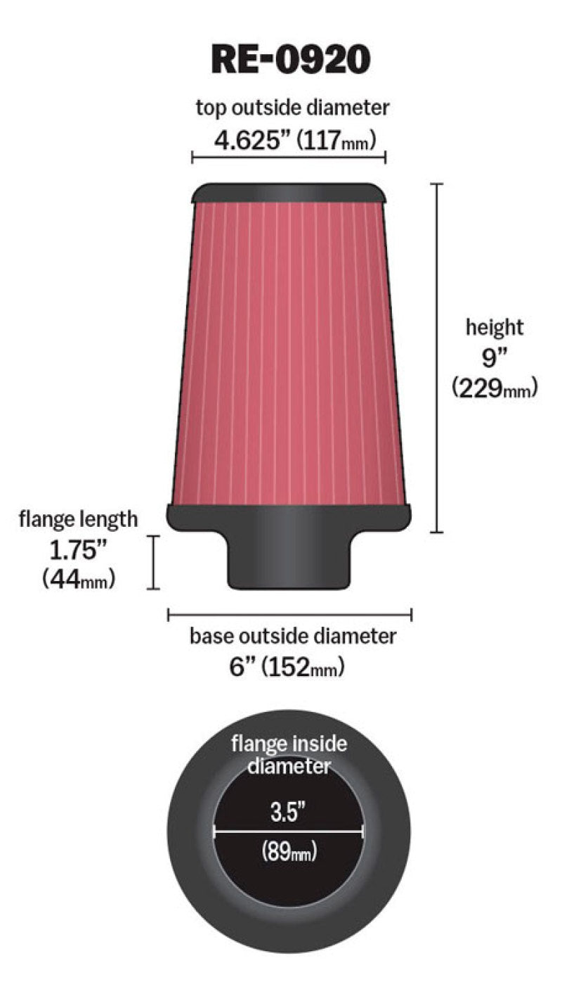 K&N Universal Rubber Filter 3 1/2inch ID FLG / 6inch Base / 4-5/8inch Top / 9inch Height K&N Engineering Air Filters - Universal Fit  AXOPROS