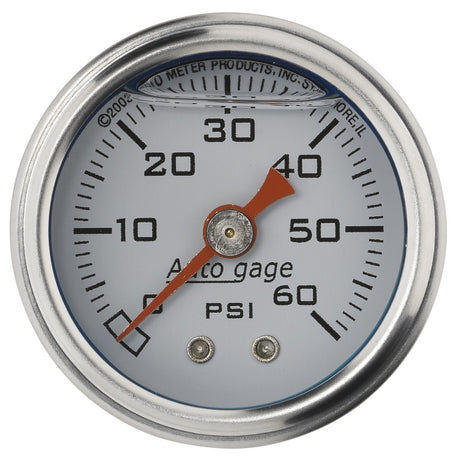 Autometer AutoGage 1.5in Liquid Filled Mechanical 0-60 PSI Fuel Pressure Gauge - White AutoMeter Gauges  AXOPROS