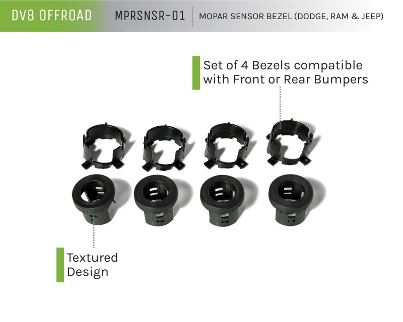 DV8 Offroad Jeep/Dodge/RAM Front Bezel & Rear Clip Replacement Kit for MOPAR Sensors - Set of 4 DV8 Offroad Dash & Interior Trim  AXOPROS