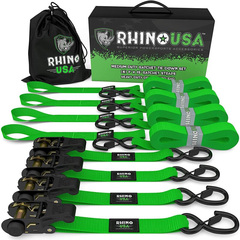 Rhino USA Medium Duty Ratchet Strap Tie-Down 4-Pack (Green) Rhino USA Cargo Tie-Downs  AXOPROS