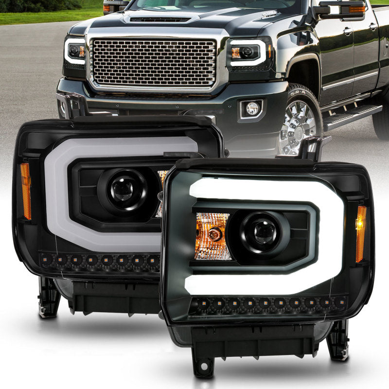 ANZO 2014-2015 GMC Sierra 1500 Projector Headlights w/ Light Bar Black Housing (Halogen Type) ANZO Headlights  AXOPROS