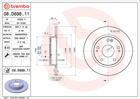 Brembo OE Brembo OE 16-24 Honda Civic/19-22 Insight UV Coated Brake Disc - Rear Brake Rotors - OE aftermarket performance part
