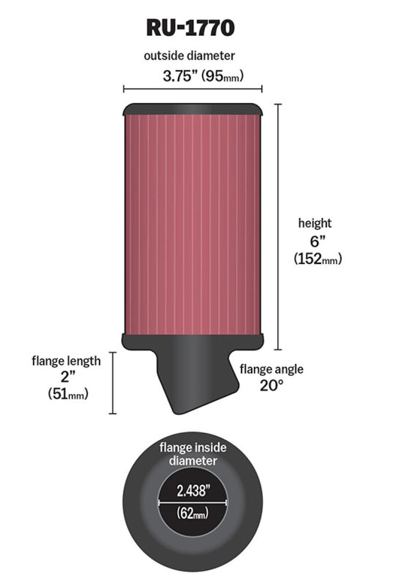 K&N Filter Universal Rubber Filter 2 7/16 inch 20 Degree Flange 3 3/4 inch OD 6 inch Height K&N Engineering Air Filters - Universal Fit  AXOPROS