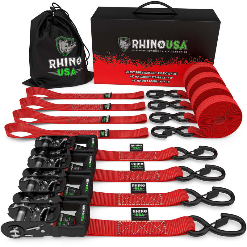 Rhino USA Heavy Duty Ratchet Tie-Down 4-Pack Red 1.6In X 15Ft Rhino USA Cargo Tie-Downs  AXOPROS