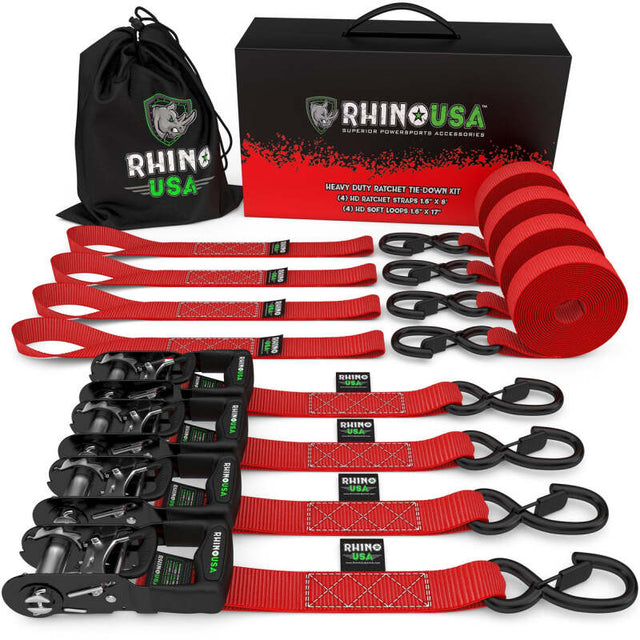 Rhino USA Heavy Duty Ratchet Tie-Down 4-Pack Red 1.6In X 15Ft Rhino USA Cargo Tie-Downs  AXOPROS