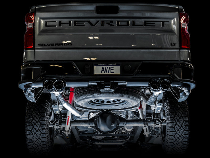 AWE Tuning 4th Gen GM 1500 6.2L 0FG Catback Split Rear Exit (w/ Bumper Cutouts) - Quad Chrome Tips AWE Tuning Catback  AXOPROS