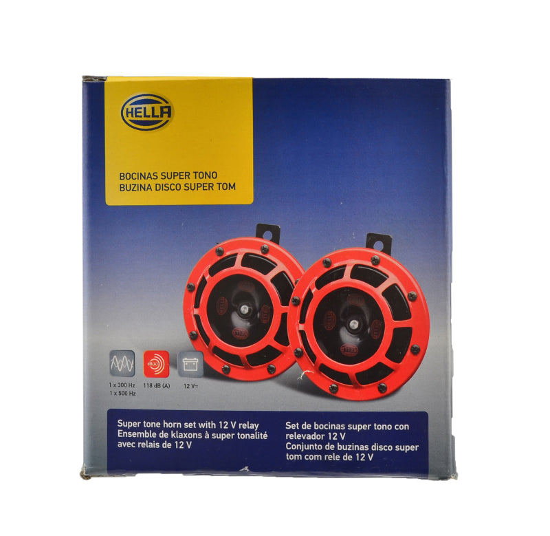 Hella Supertone Horn Kit 12V 300/500HZ Red (003399803 = 003399801) Hella Horns  AXOPROS