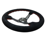 NRG Reinforced Steering Wheel (350mm / 3in. Deep) Blk Suede w/Red Stitching & 5mm Spokes w/Slits NRG Steering Wheels  AXOPROS
