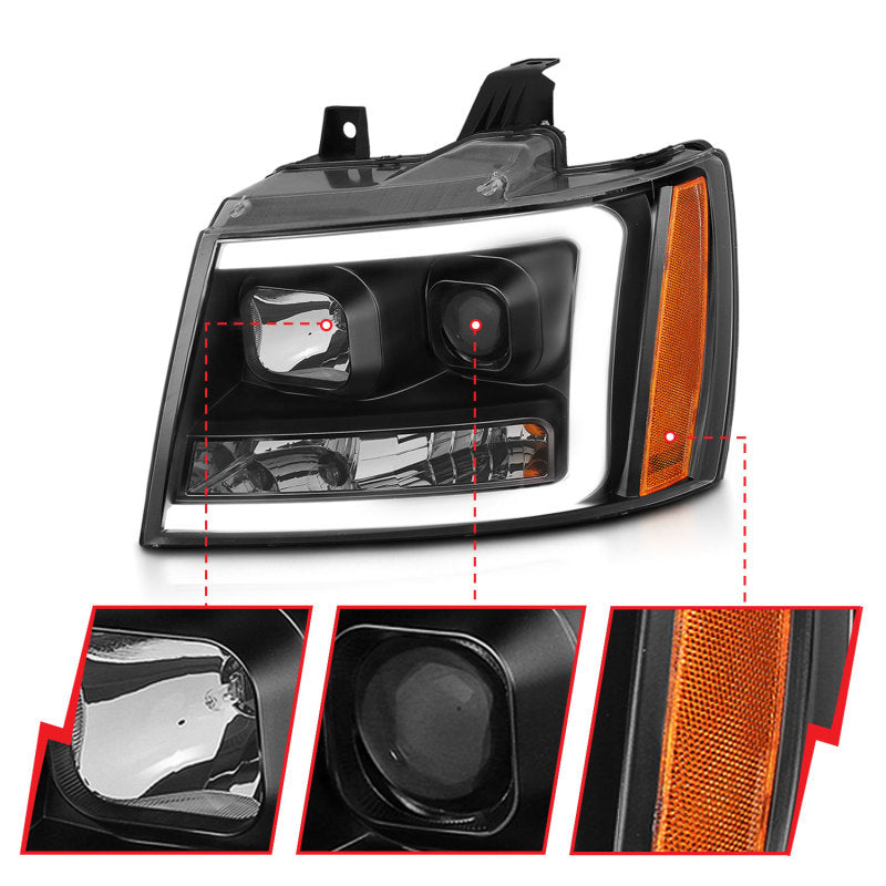 ANZO 07-14 Chevy Tahoe Projector Headlights w/ Plank Style Design Black w/ Amber ANZO Headlights  AXOPROS