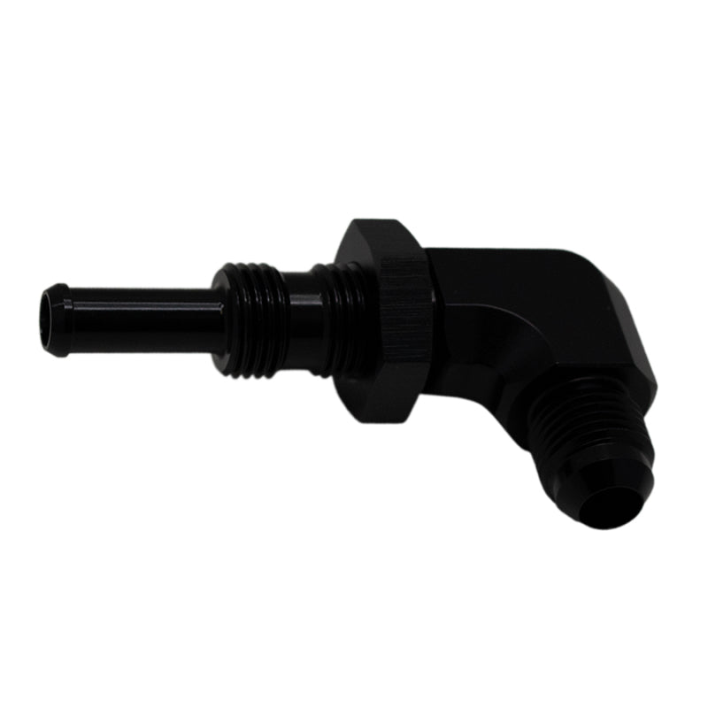 DeatschWerks 6AN Male Flare to 5/16in Male Barb Bulkhead Adapter 90-Degree - Anodized Matte Black DeatschWerks Fittings  AXOPROS
