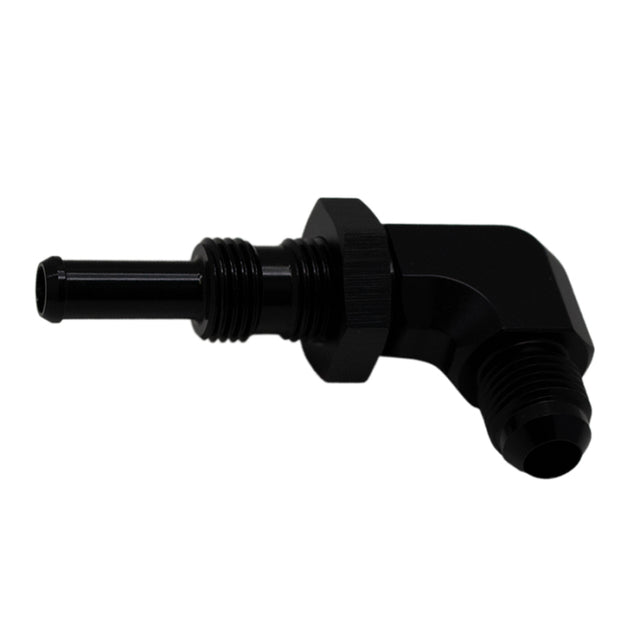 DeatschWerks 6AN Male Flare to 5/16in Male Barb Bulkhead Adapter 90-Degree - Anodized Matte Black DeatschWerks Fittings  AXOPROS