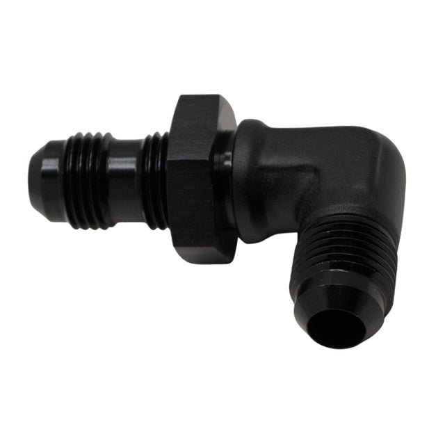 DeatschWerks 6AN Male Flare to 6AN Male Flare Bulkhead Adapter 90-Degree - Anodized Matte Black DeatschWerks Fittings  AXOPROS