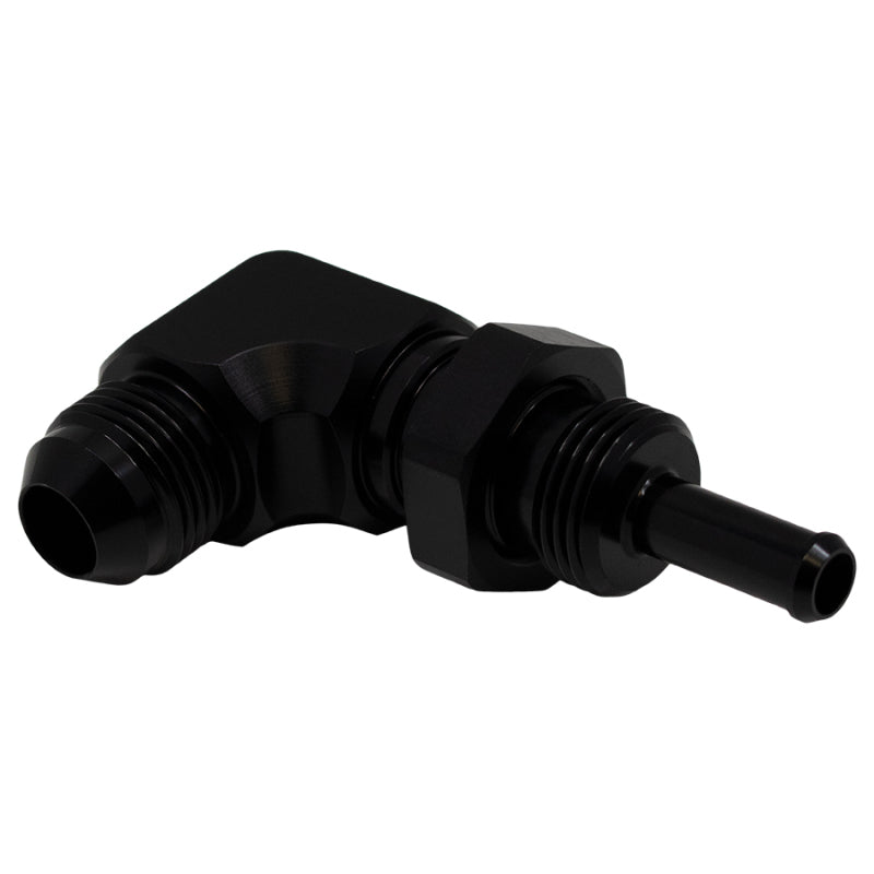 DeatschWerks 8AN Male Flare to 5/16in Male Barb Bulkhead Adapter 90-Degree - Anodized Matte Black DeatschWerks Fittings  AXOPROS