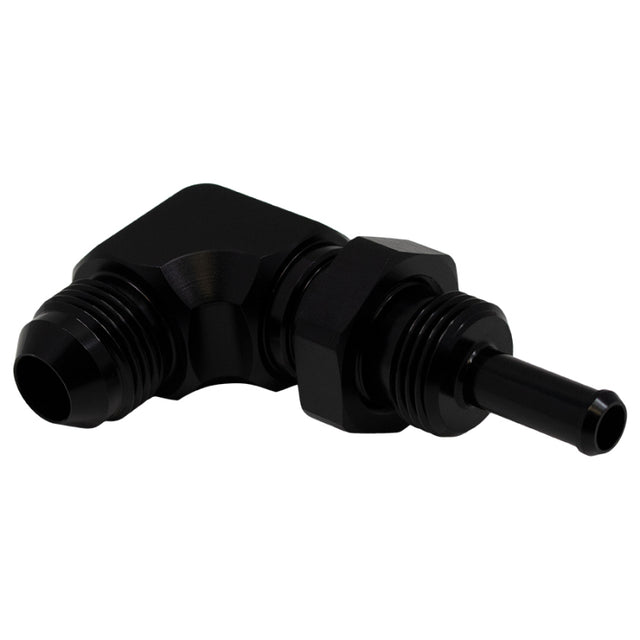 DeatschWerks 8AN Male Flare to 5/16in Male Barb Bulkhead Adapter 90-Degree - Anodized Matte Black DeatschWerks Fittings  AXOPROS