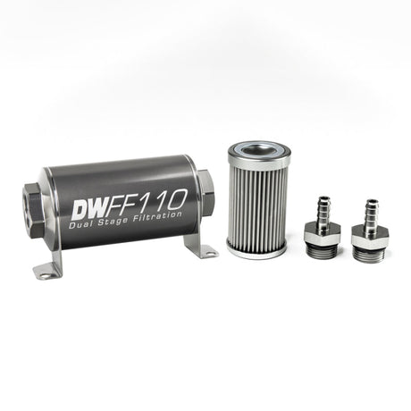 DeatschWerks Stainless Steel 5/16in 10 Micron Universal Inline Fuel Filter Housing Kit (110mm) DeatschWerks Fuel Filters  AXOPROS