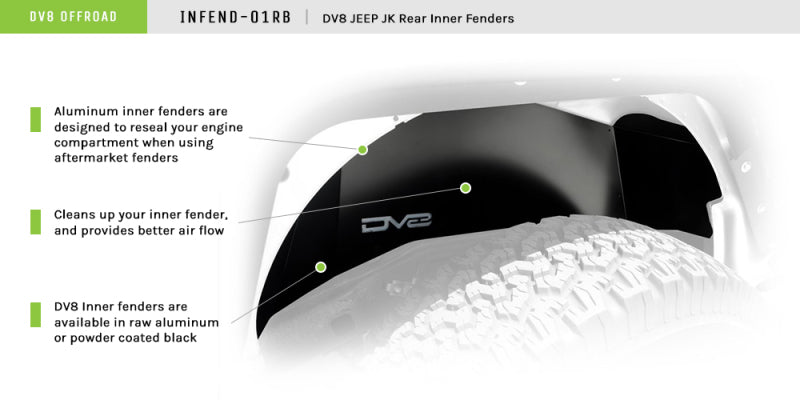 DV8 Offroad 07-18 Jeep Wrangler JK Rear Aluminum Inner Fender - Black DV8 Offroad Wheel Well Liners  AXOPROS