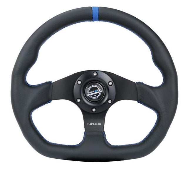 NRG Reinforced Steering Wheel (320mm) Sport Leather Flat Bottom w/ Blue Center/ Blue Stitching NRG Steering Wheels  AXOPROS