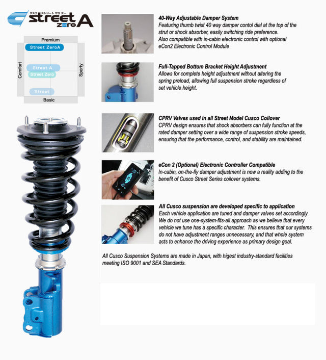 Cusco 2022+ Toyota GR86 / Subaru BRZ Sport Street Zero A Twin-Tube 40-Way - Hard Rear Upper Mount Cusco Coilovers  AXOPROS