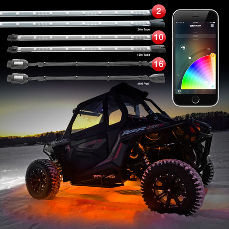 XKGLOW XK Glow Million Color XKCHROME App Controlled Offroad UTV Kit 2x24In Tube + 10x12In Tube + 16xPods Light Accessories and Wiring aftermarket performance part