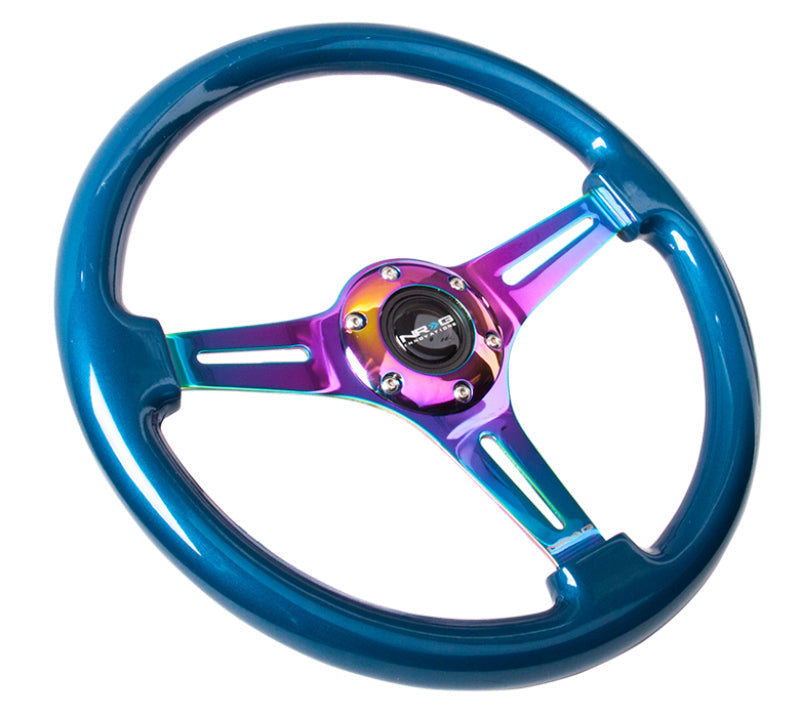 NRG Classic Wood Grain Steering Wheel (350mm) Blue Pearl/Flake Paint w/Neochrome 3-Spoke Center NRG Steering Wheels  AXOPROS