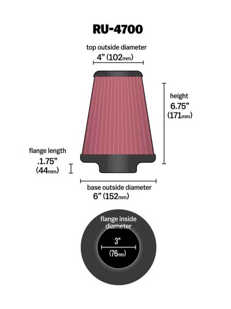 K&N Universal Tapered Filter 3in Flange ID x 6in Base OD x 4in Top OD x 6.75in Height K&N Engineering Air Filters - Universal Fit  AXOPROS