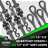 Rhino USA Heavy Duty Ratchet Tie-Down 4-Pack (Gray) 1.6In X 8Ft Rhino USA Cargo Tie-Downs  AXOPROS