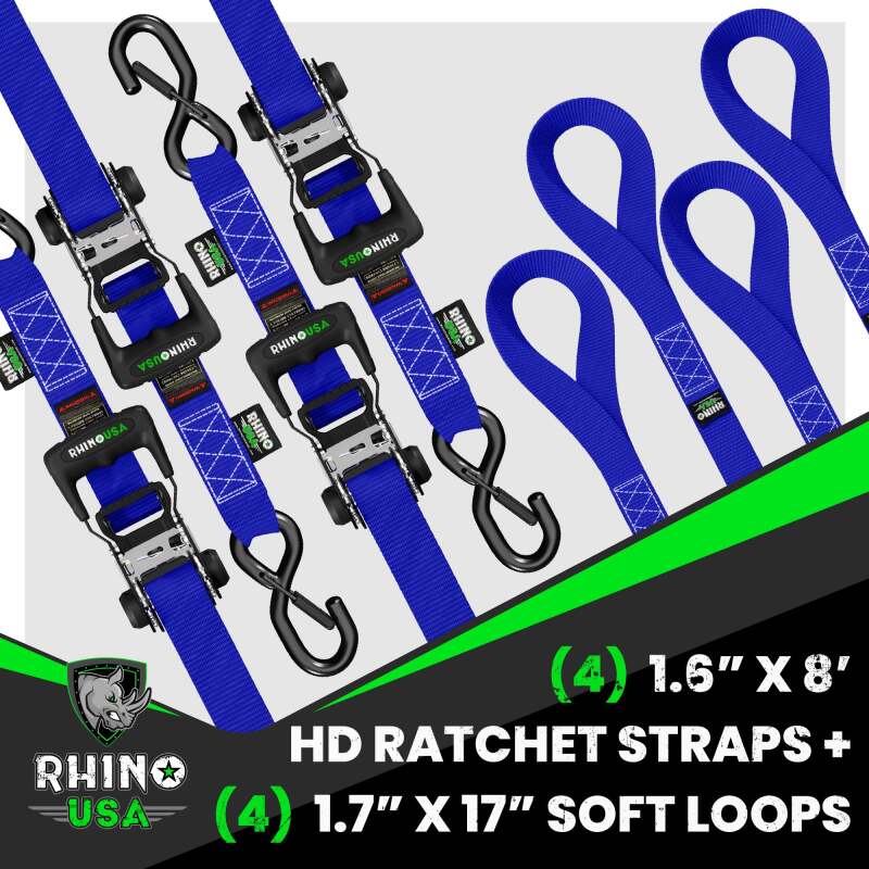 Rhino USA Heavy Duty Ratchet Tie-Down 4-Pack (Blue) 1.6In X 8Ft Rhino USA Cargo Tie-Downs  AXOPROS