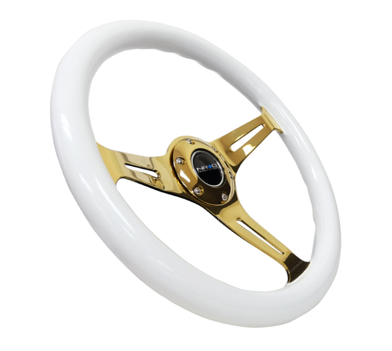 NRG Classic Wood Grain Steering Wheel (350mm) White Grip w/Chrome Gold 3-Spoke Center NRG Steering Wheels  AXOPROS