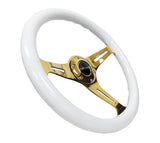 NRG Classic Wood Grain Steering Wheel (350mm) White Grip w/Chrome Gold 3-Spoke Center NRG Steering Wheels  AXOPROS