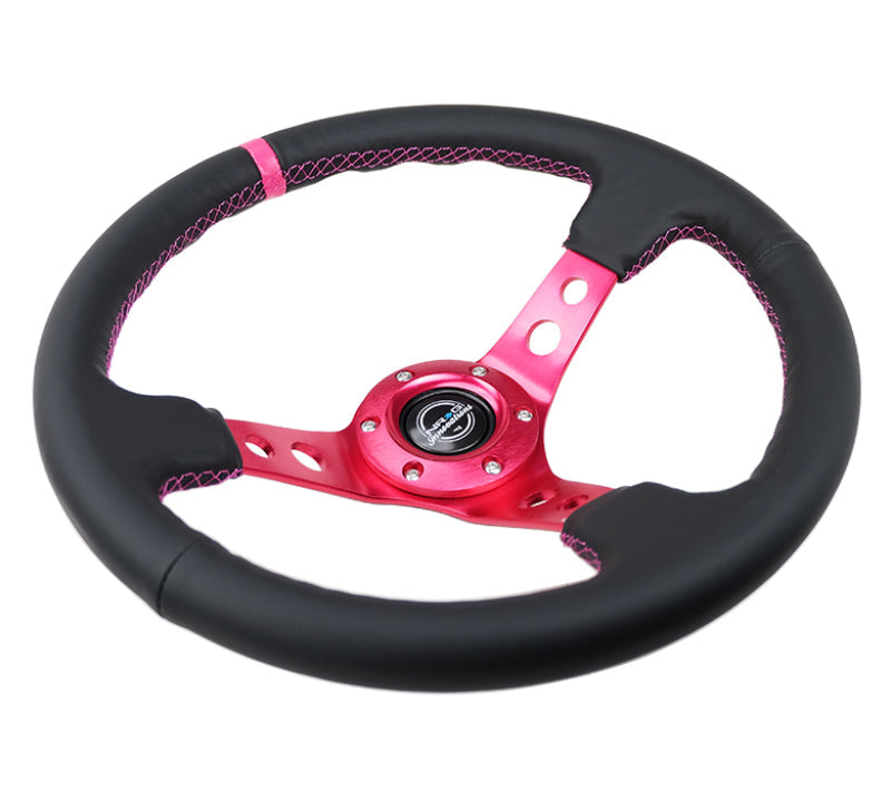 NRG Reinforced Steering Wheel (350mm/3in. Deep) Black Leather/ Fushia Center Mark/ Fushia Stitching NRG Steering Wheels  AXOPROS