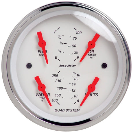 Autometer Arctic White 3-3/8in Quad Gauge 100 PSI/100-250 Deg F / 8-18V / 240-33 Ohm AutoMeter Gauges  AXOPROS
