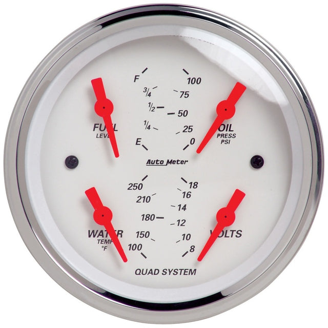 Autometer Arctic White 3-3/8in Quad Gauge 100 PSI/100-250 Deg F / 8-18V / 240-33 Ohm AutoMeter Gauges  AXOPROS