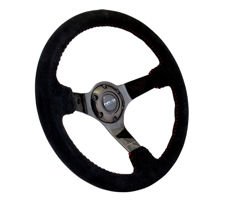 NRG Reinforced Steering Wheel (350mm / 3in. Deep) Blk Suede w/Red BBall Stitch & Black 3-Spoke NRG Steering Wheels  AXOPROS