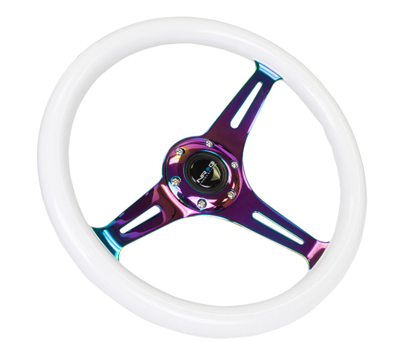 NRG Classic Wood Grain Steering Wheel (350mm) Glow-N-The-Dark Green Grip w/Neochrome 3-Spoke Center NRG Steering Wheels  AXOPROS